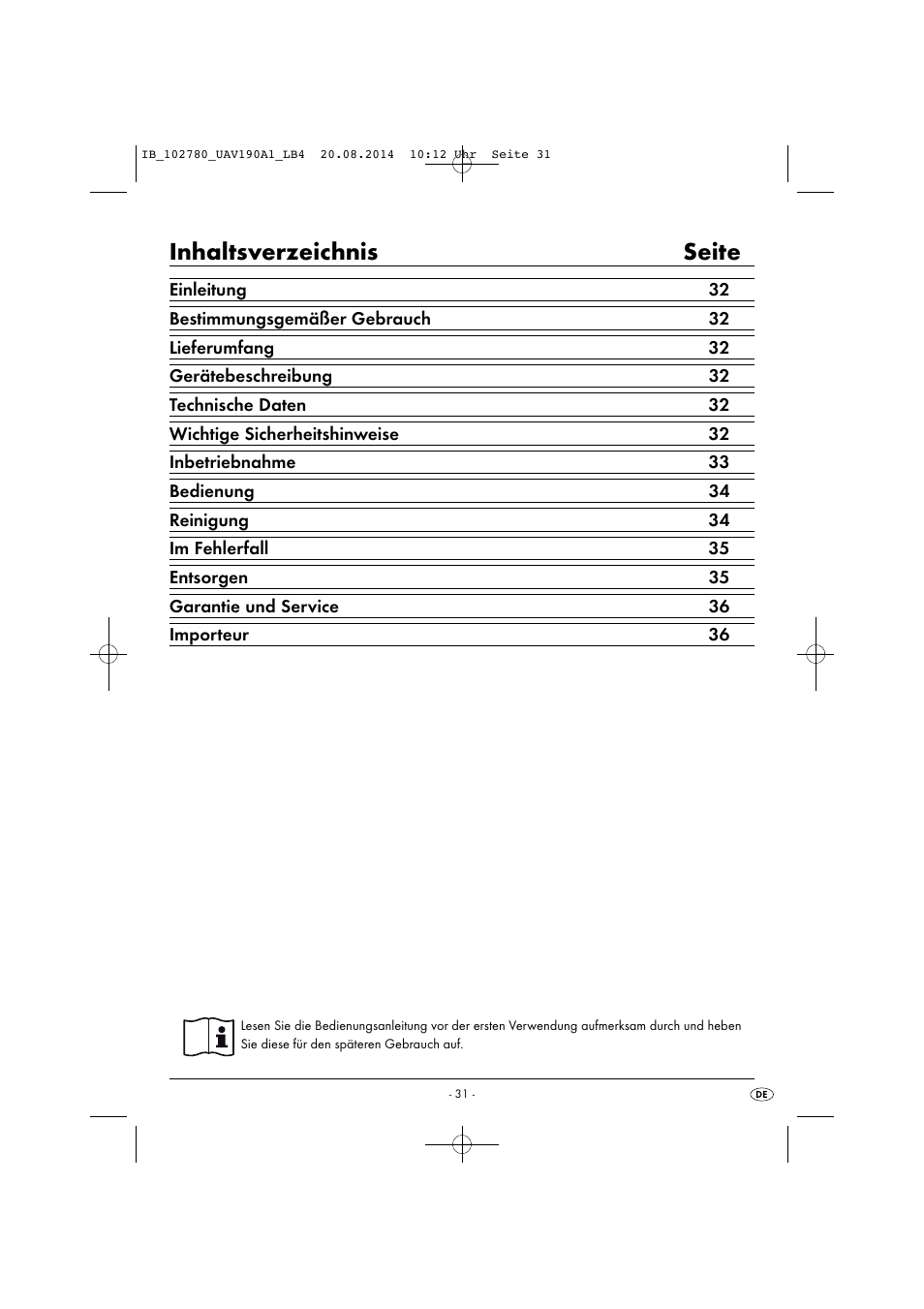 Inhaltsverzeichnis seite | United Office UAV 190 A1 User Manual | Page 34 / 40