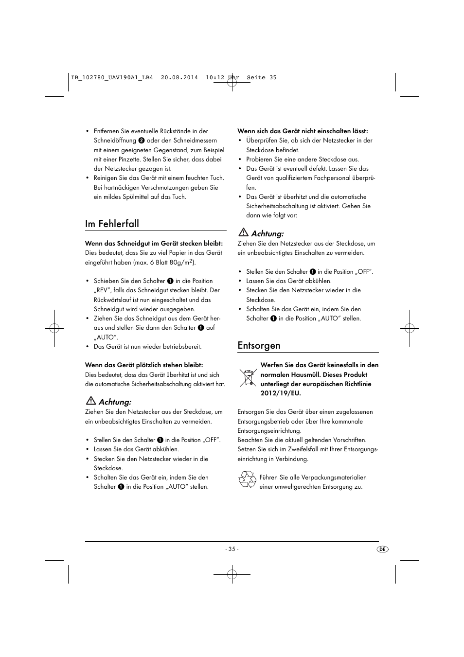 Im fehlerfall, Entsorgen, Achtung | United Office UAV 190 A1 User Manual | Page 38 / 40