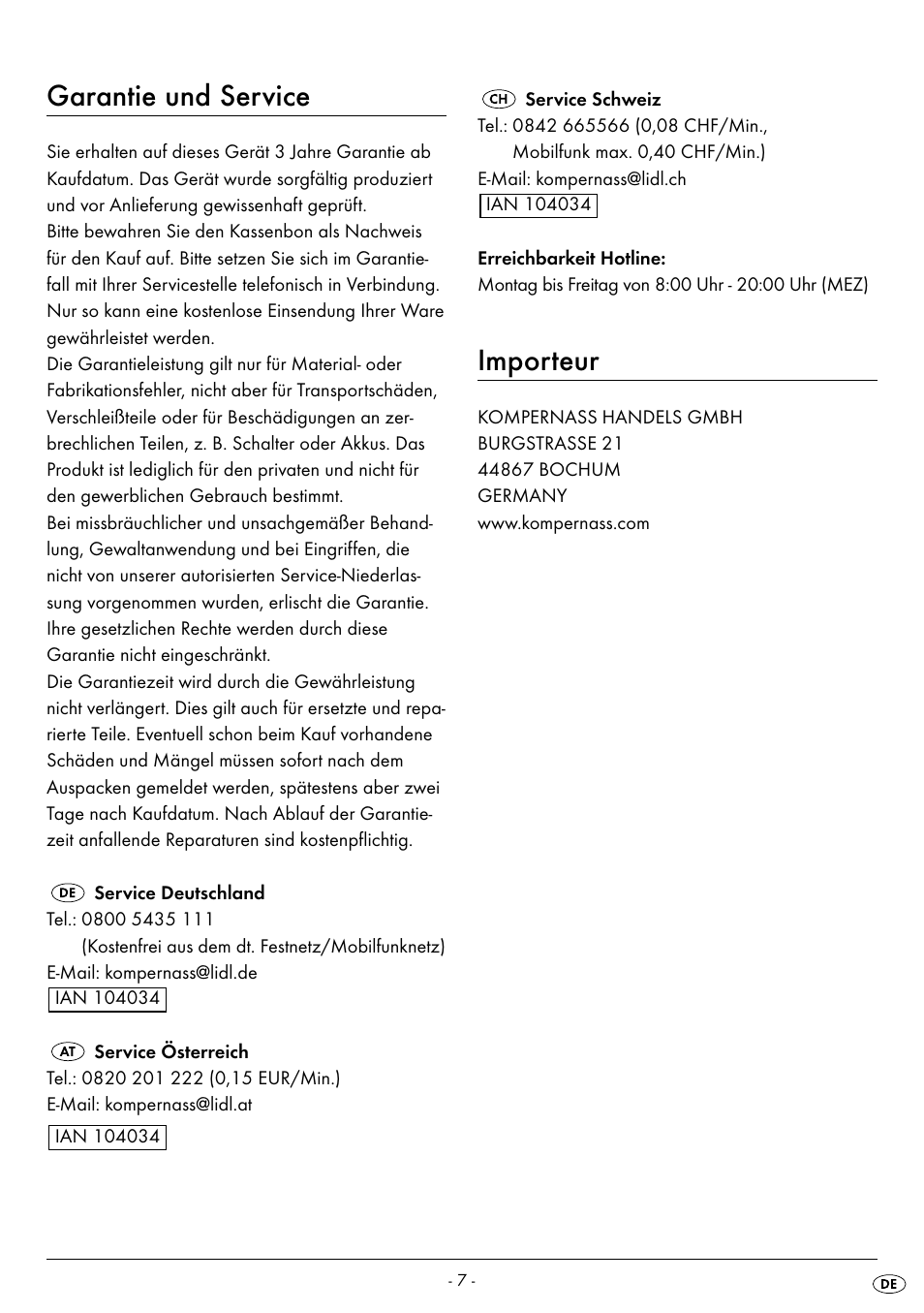 Garantie und service, Importeur | United Office UAV 220 A2 User Manual | Page 10 / 35