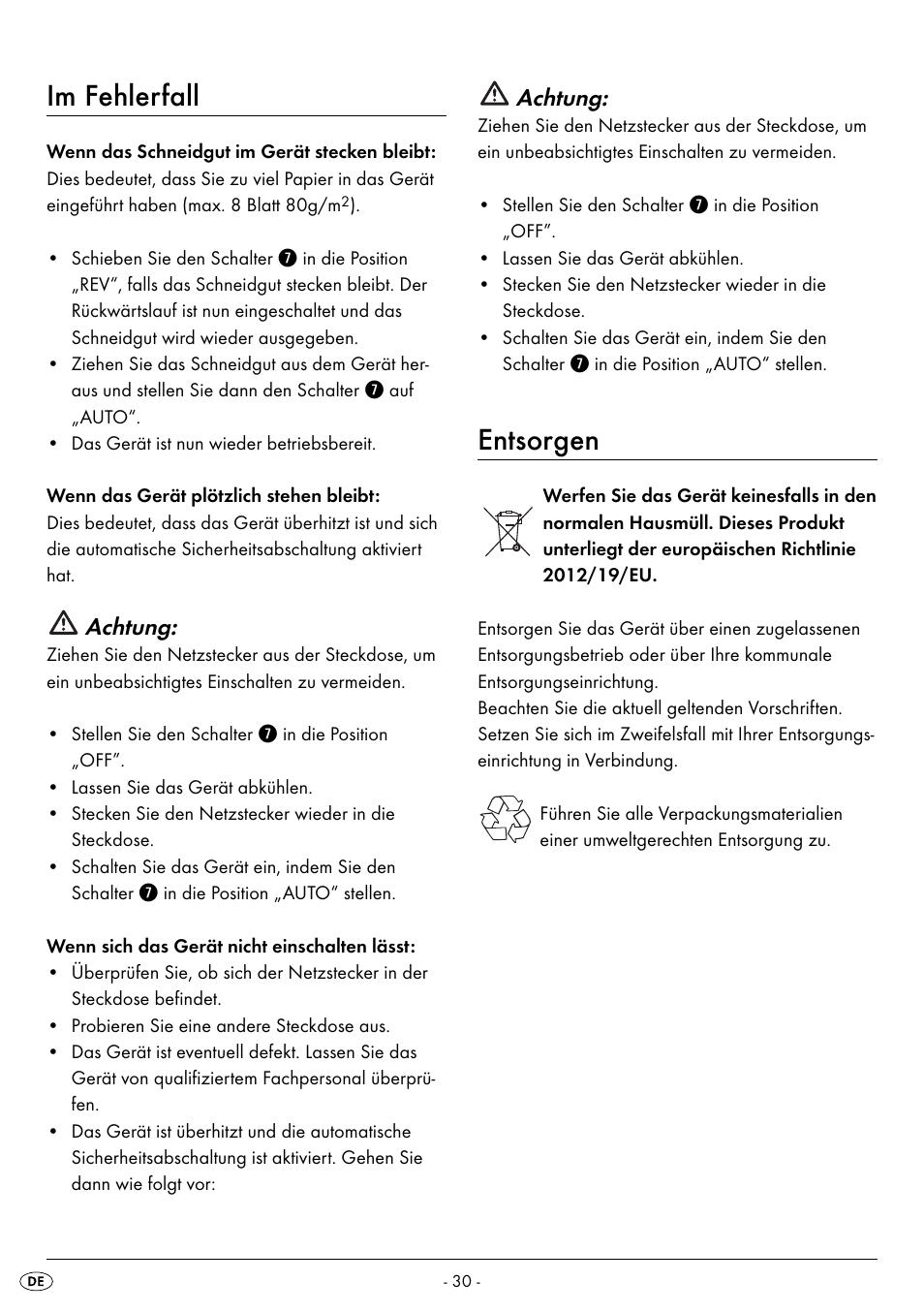 Im fehlerfall, Entsorgen, Achtung | United Office UAV 220 A2 User Manual | Page 33 / 35