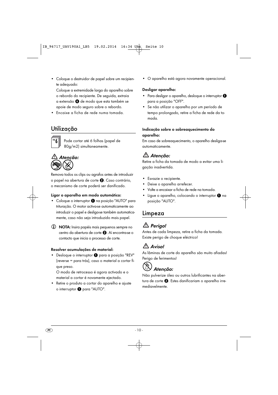 Utilização, Limpeza, Atenção | Perigo, Aviso | United Office UAV 190 A1 User Manual | Page 13 / 28