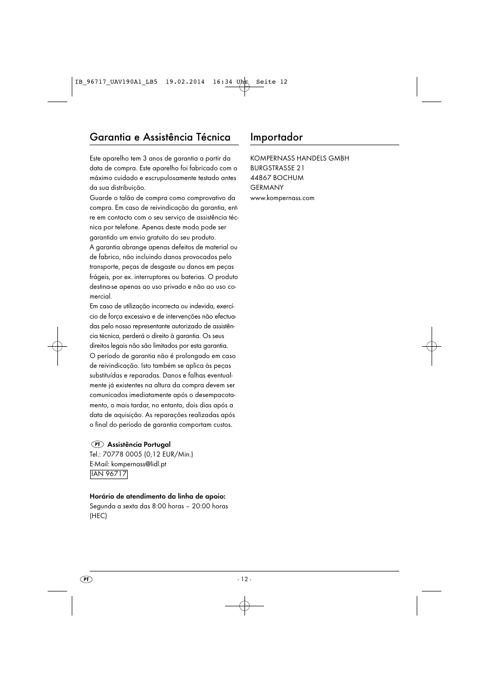 Garantia e assistência técnica, Importador | United Office UAV 190 A1 User Manual | Page 15 / 28