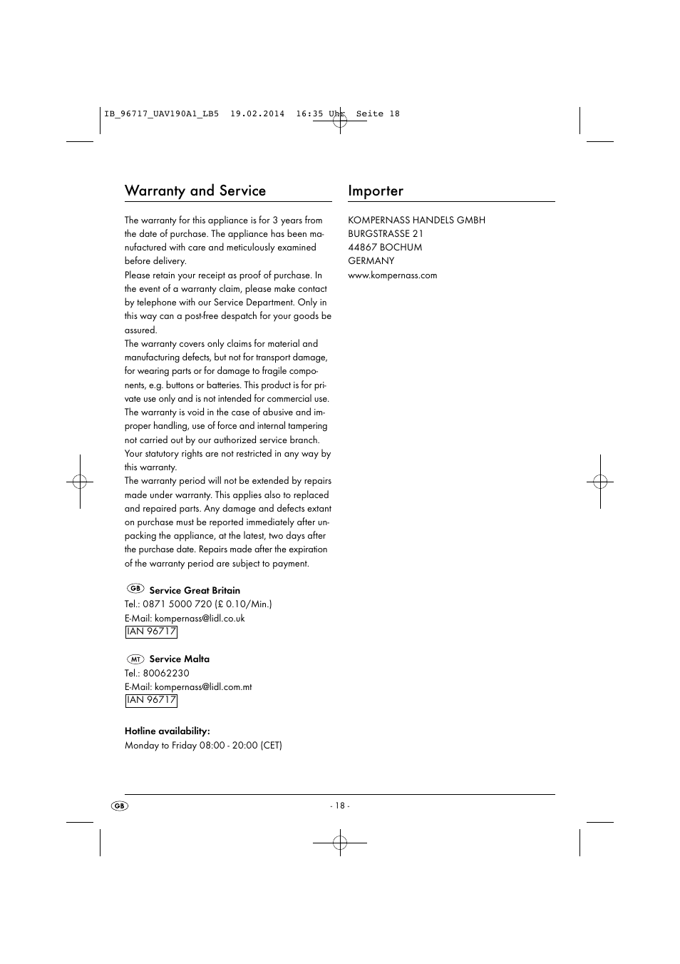 Warranty and service, Importer | United Office UAV 190 A1 User Manual | Page 21 / 28