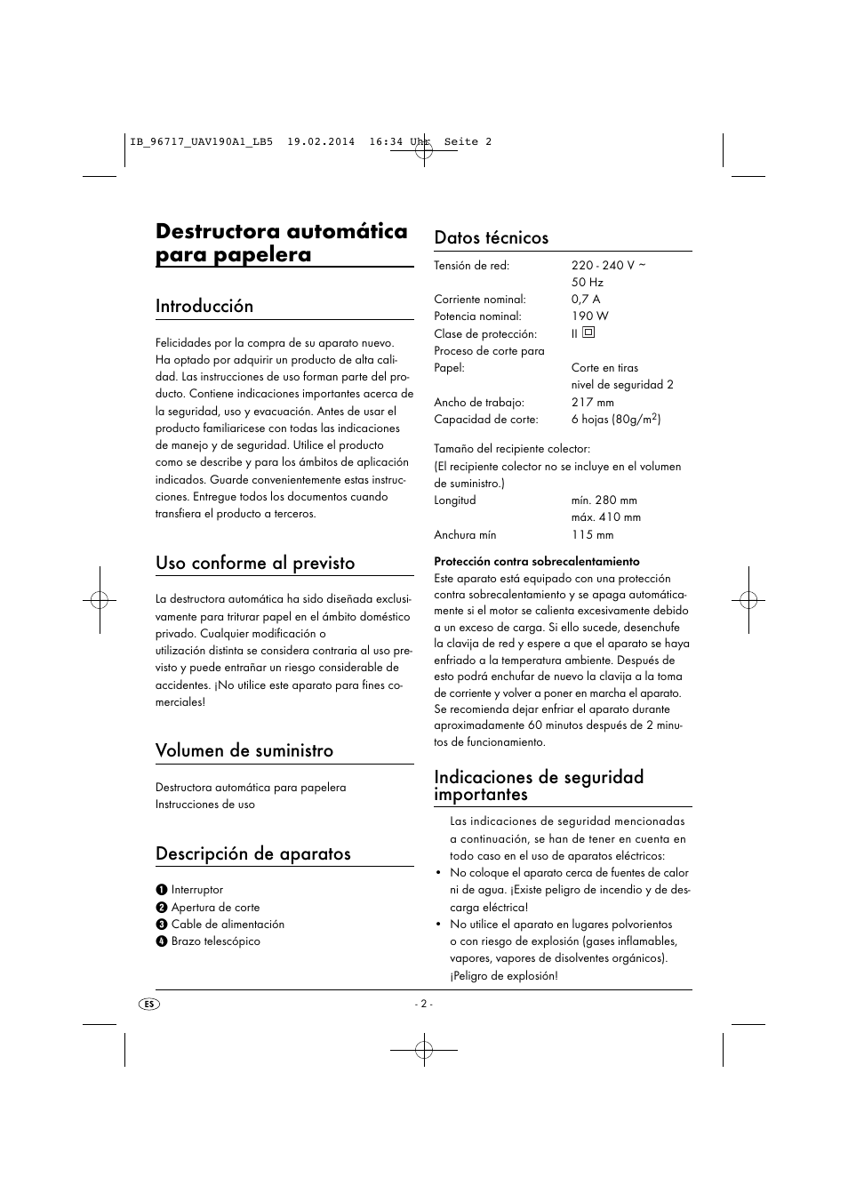 Destructora automática para papelera, Introducción, Uso conforme al previsto | Volumen de suministro, Descripción de aparatos, Datos técnicos, Indicaciones de seguridad importantes | United Office UAV 190 A1 User Manual | Page 5 / 28