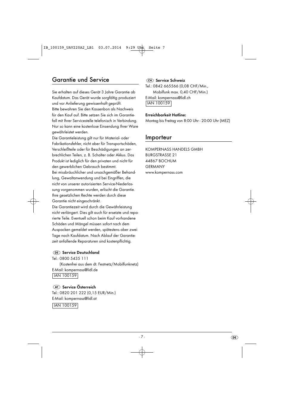 Garantie und service, Importeur | United Office UAV 220 A2 User Manual | Page 10 / 35