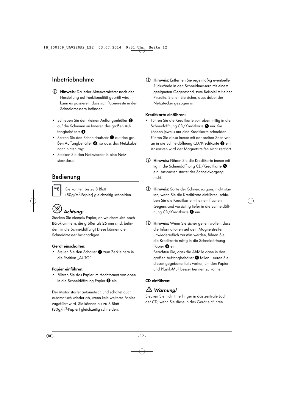 Inbetriebnahme, Bedienung | United Office UAV 220 A2 User Manual | Page 15 / 27