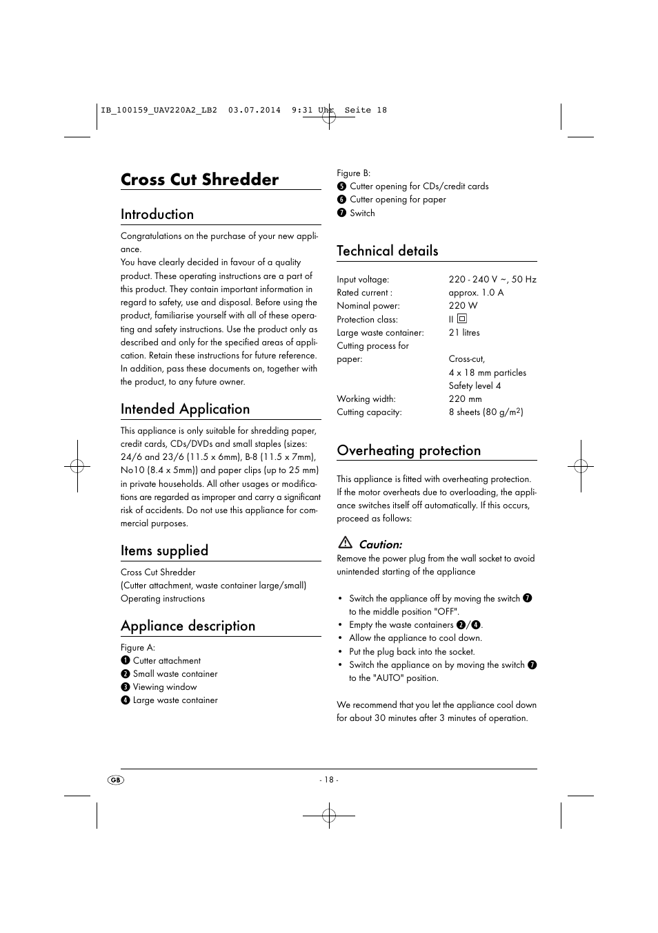 Cross cut shredder, Introduction, Intended application | Items supplied, Appliance description, Technical details, Overheating protection | United Office UAV 220 A2 User Manual | Page 21 / 27