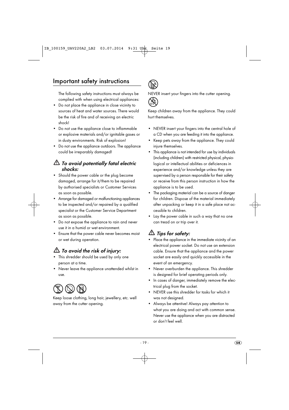 Important safety instructions, Tips for safety | United Office UAV 220 A2 User Manual | Page 22 / 27