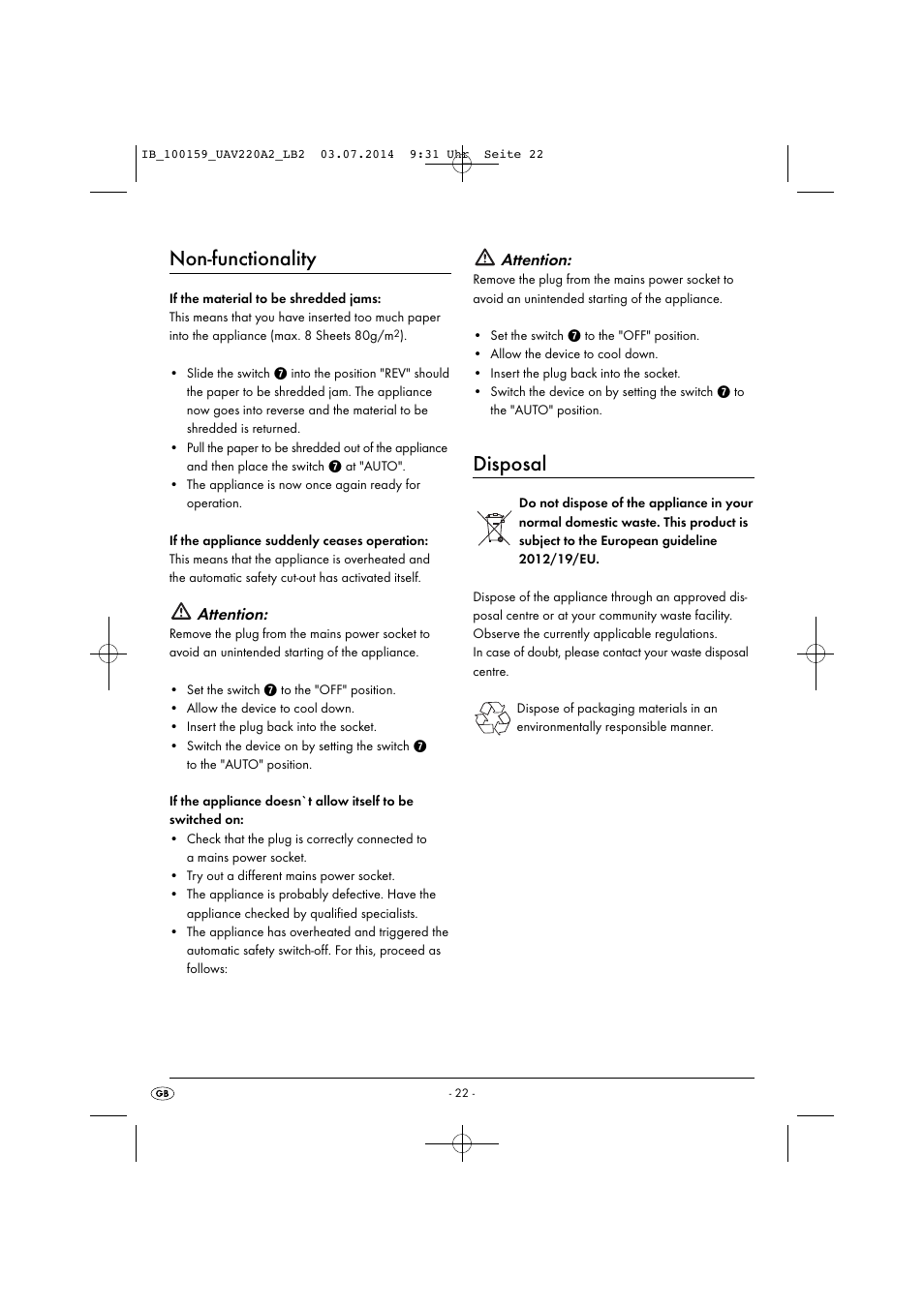 Non-functionality, Disposal, Attention | United Office UAV 220 A2 User Manual | Page 25 / 27