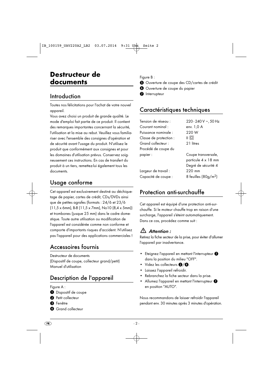 Destructeur de documents, Introduction, Usage conforme | Accessoires fournis, Description de l'appareil, Caractéristiques techniques, Protection anti-surchauffe | United Office UAV 220 A2 User Manual | Page 5 / 27