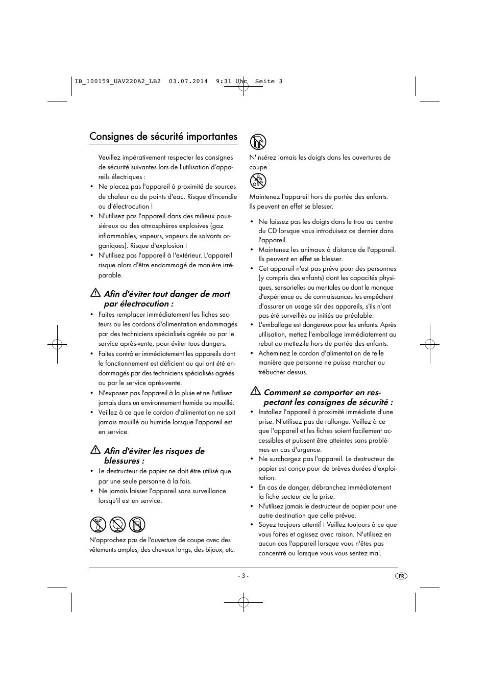 Consignes de sécurité importantes, Afin d'éviter les risques de blessures | United Office UAV 220 A2 User Manual | Page 6 / 27