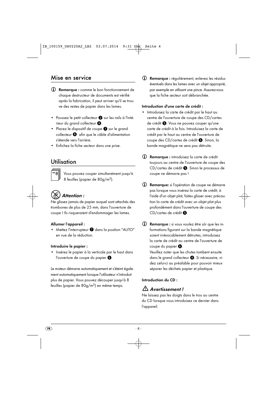 Mise en service, Utilisation | United Office UAV 220 A2 User Manual | Page 7 / 27