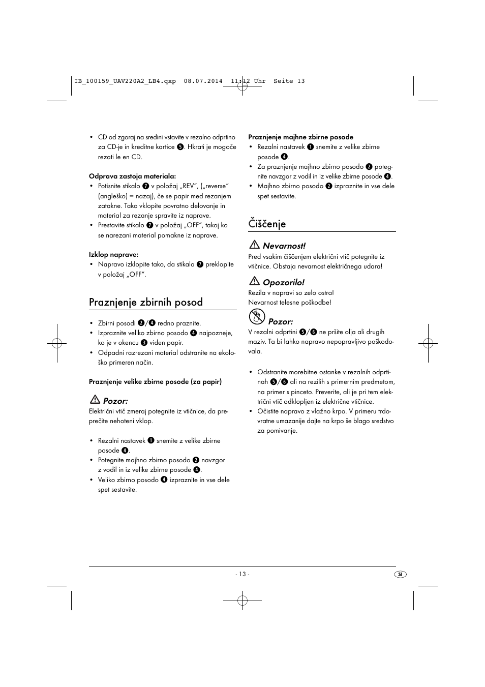 Praznjenje zbirnih posod, Čiščenje | United Office UAV 220 A2 User Manual | Page 16 / 43