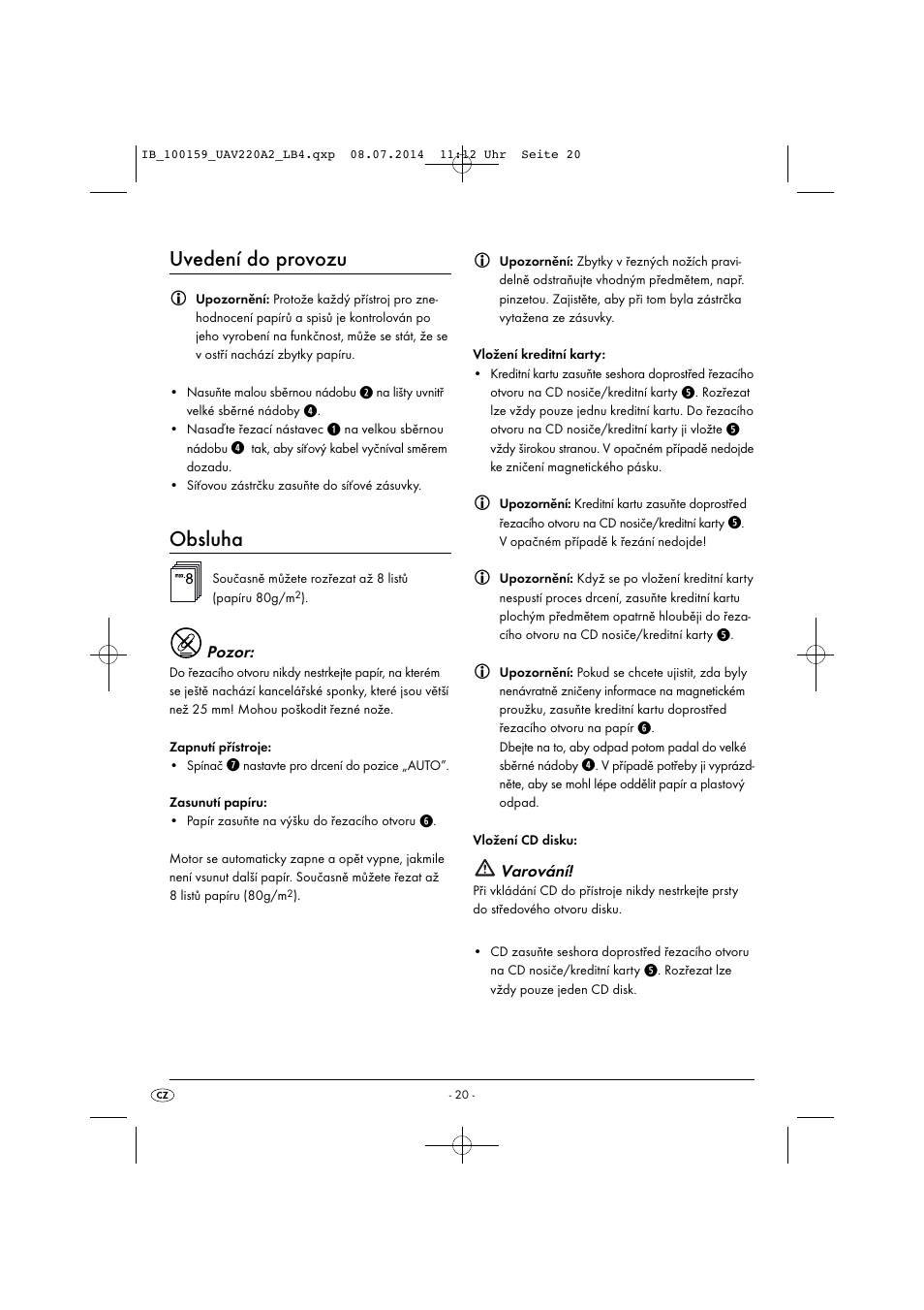 Uvedení do provozu, Obsluha | United Office UAV 220 A2 User Manual | Page 23 / 43