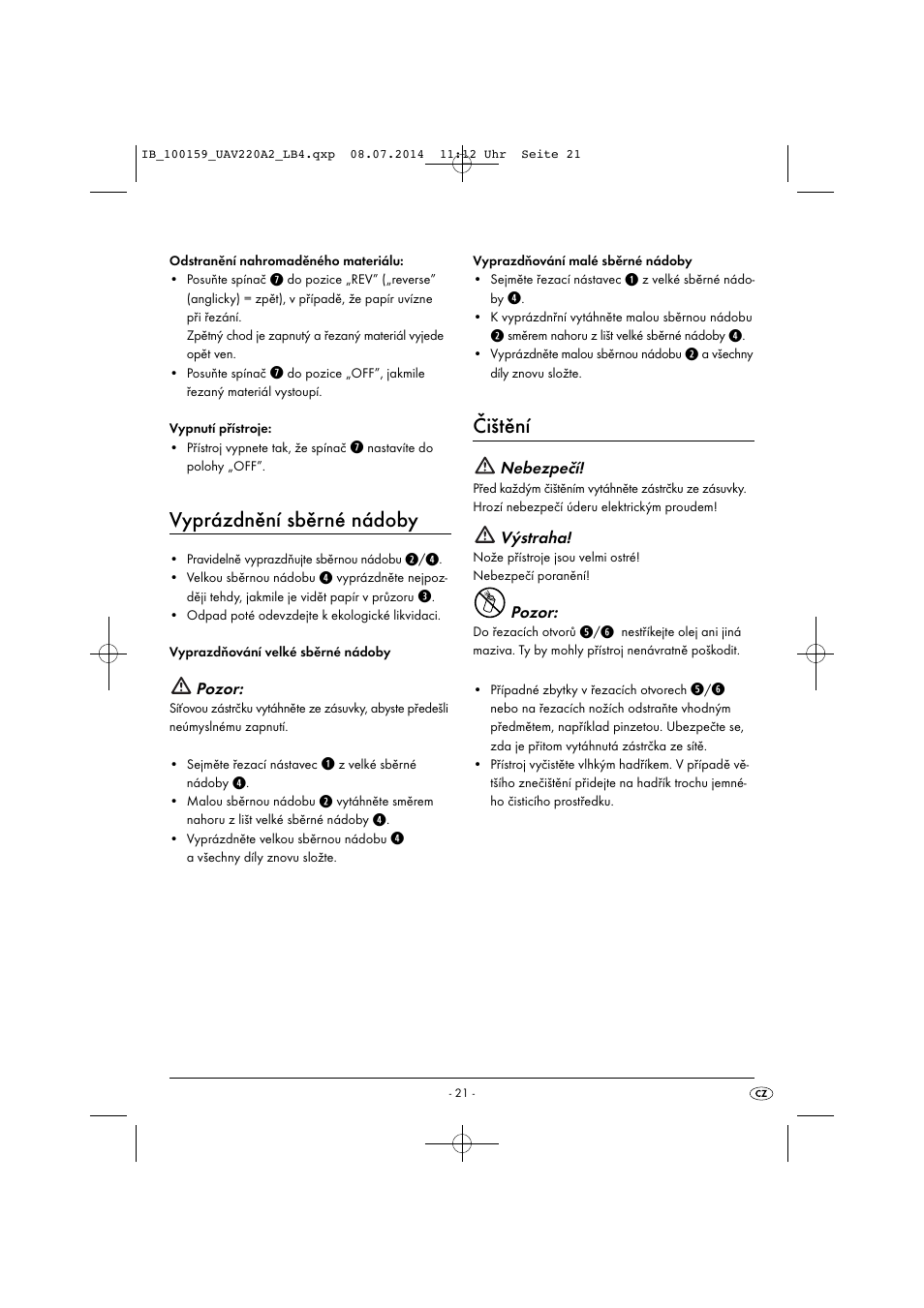 Vyprázdnění sběrné nádoby, Čištění | United Office UAV 220 A2 User Manual | Page 24 / 43