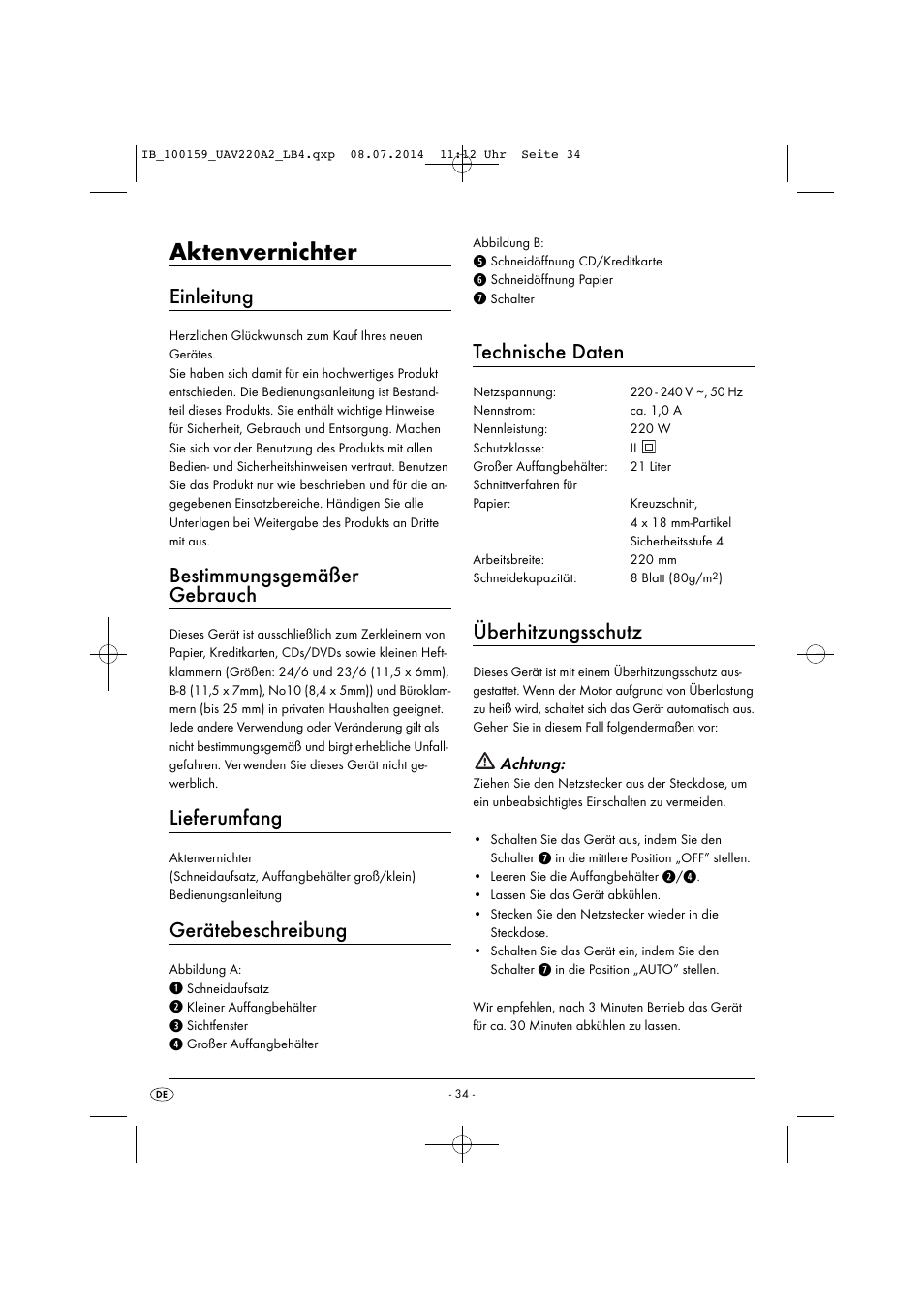 Aktenvernichter, Einleitung, Bestimmungsgemäßer gebrauch | Lieferumfang, Gerätebeschreibung, Technische daten, Überhitzungsschutz | United Office UAV 220 A2 User Manual | Page 37 / 43