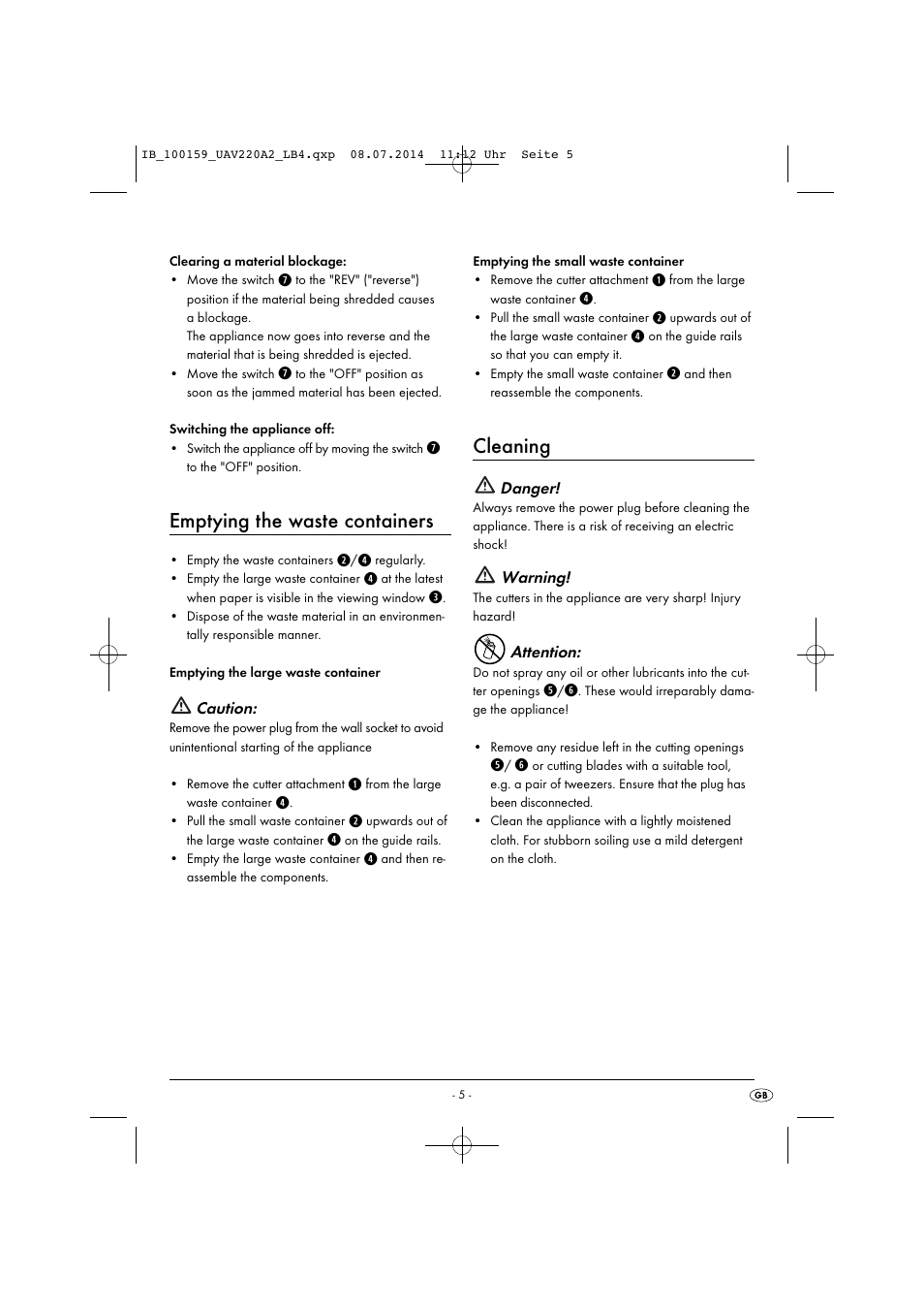 Emptying the waste containers, Cleaning | United Office UAV 220 A2 User Manual | Page 8 / 43