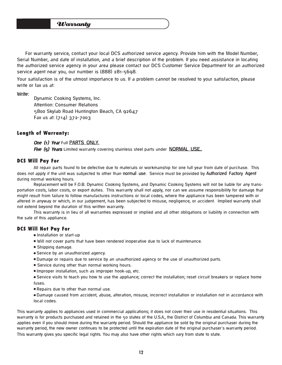 Warranty | DCS -CGT User Manual | Page 13 / 14