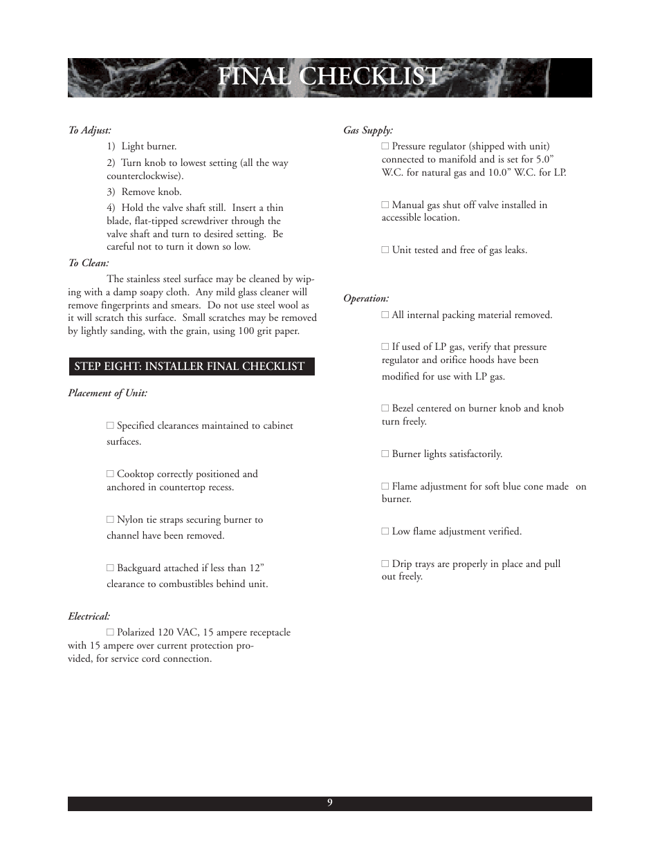 Header, Final checklist | DCS C-24W User Manual | Page 10 / 18