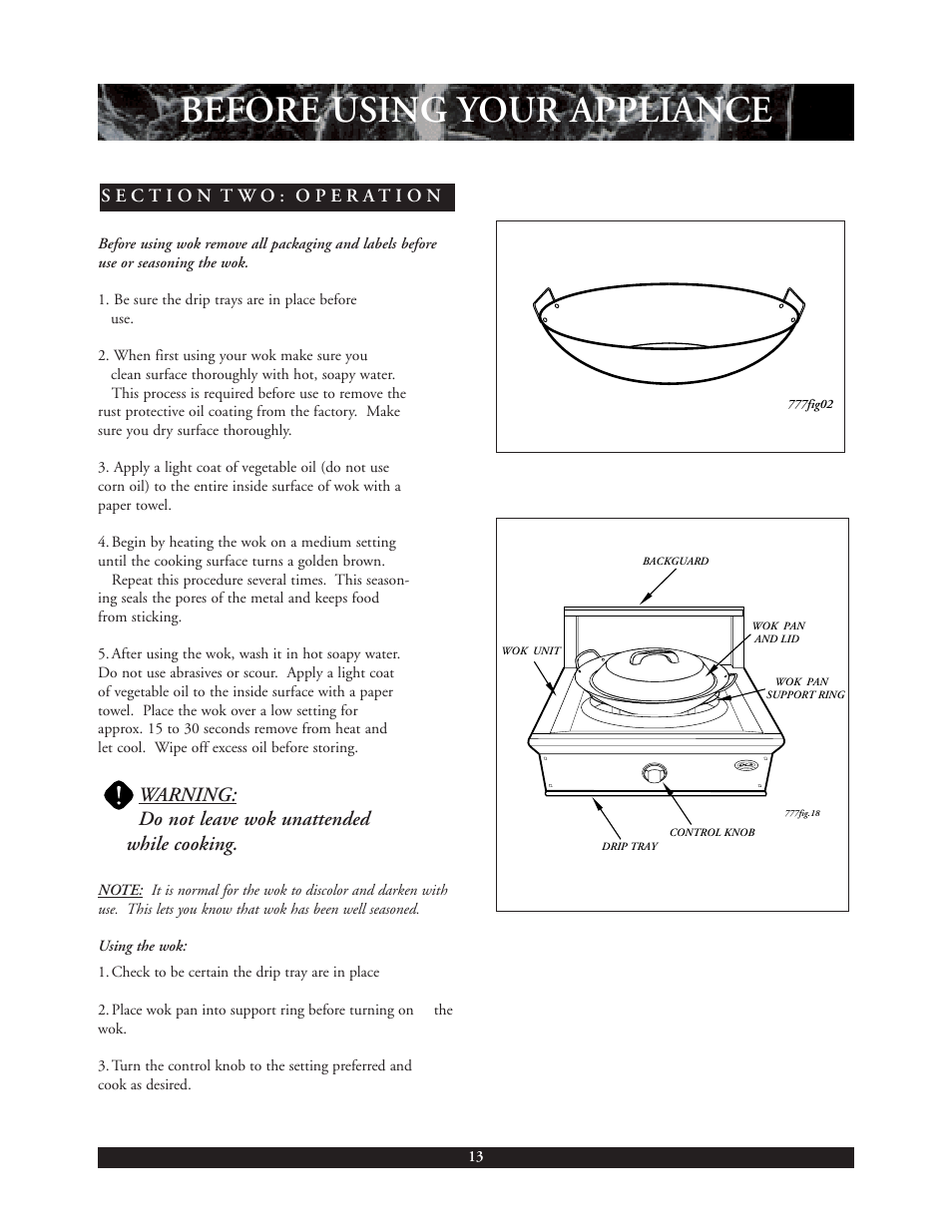 Header, Before using your appliance, Warning: do not leave wok unattended while cooking | DCS C-24W User Manual | Page 14 / 18
