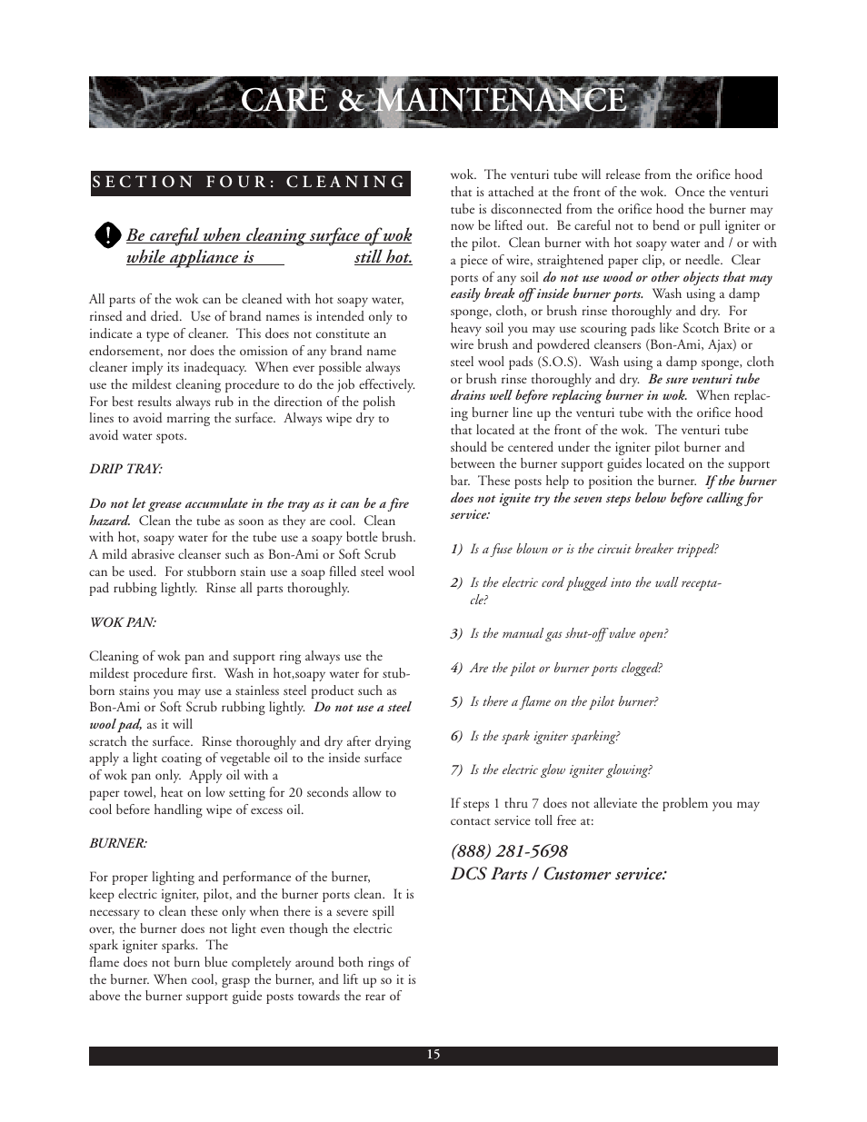 Header, Care & maintenance | DCS C-24W User Manual | Page 16 / 18