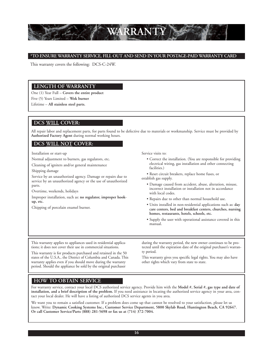 Header, Warranty | DCS C-24W User Manual | Page 17 / 18