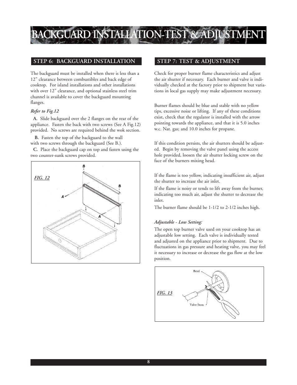 Header, Backguard installation-test & adjustment | DCS C-24W User Manual | Page 9 / 18
