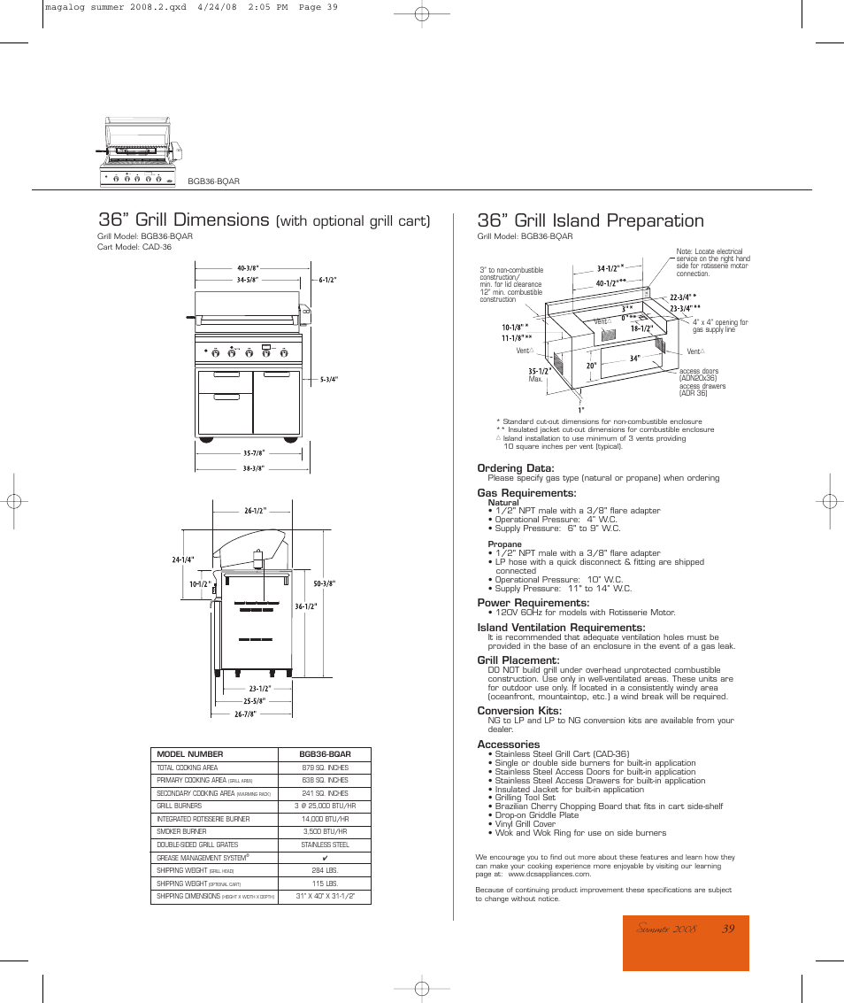 36” grill dimensions, 36” grill island preparation, With optional grill cart) | DCS BQAR36 User Manual | Page 2 / 2