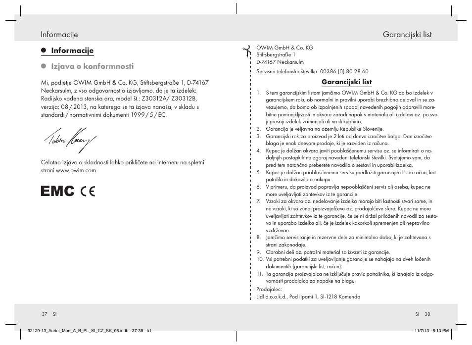 Garancijski list informacije, Informacije, Izjava o konformnosti | United Office Z30312A/ Z30312B User Manual | Page 20 / 34