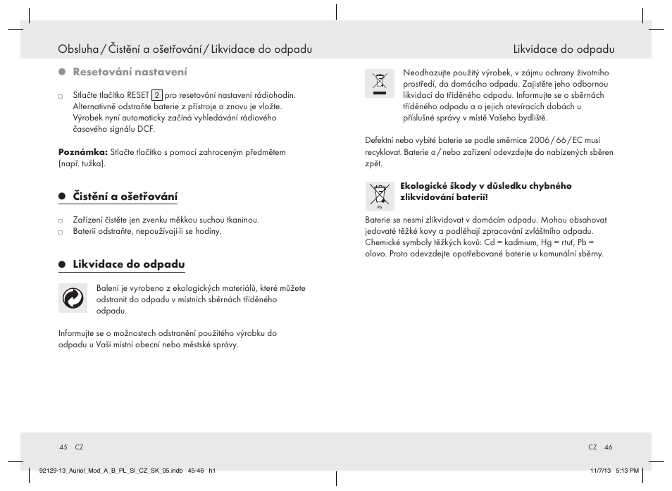 Resetování nastavení, Čistění a ošetřování, Likvidace do odpadu | United Office Z30312A/ Z30312B User Manual | Page 24 / 34