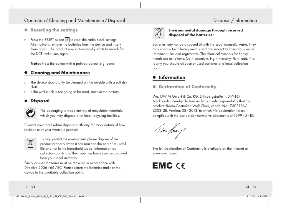 Operation / cleaning and maintenance / disposal, Disposal / information | United Office Z30312A/ Z30312B User Manual | Page 6 / 34