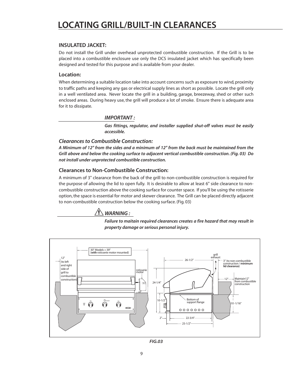 Locating grill/built-in clearances, Insulated jacket, Location | Important, Clearances to combustible construction, Clearances to non-combustible construction, Warning | DCS BGB30-BQR User Manual | Page 10 / 38