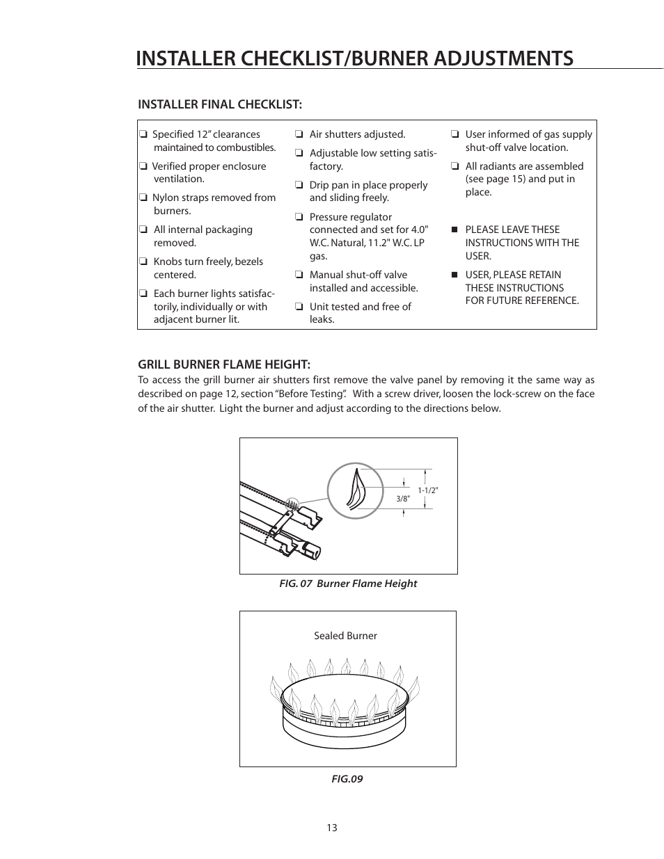 Installer checklist/burner adjustments | DCS BGB30-BQR User Manual | Page 14 / 38