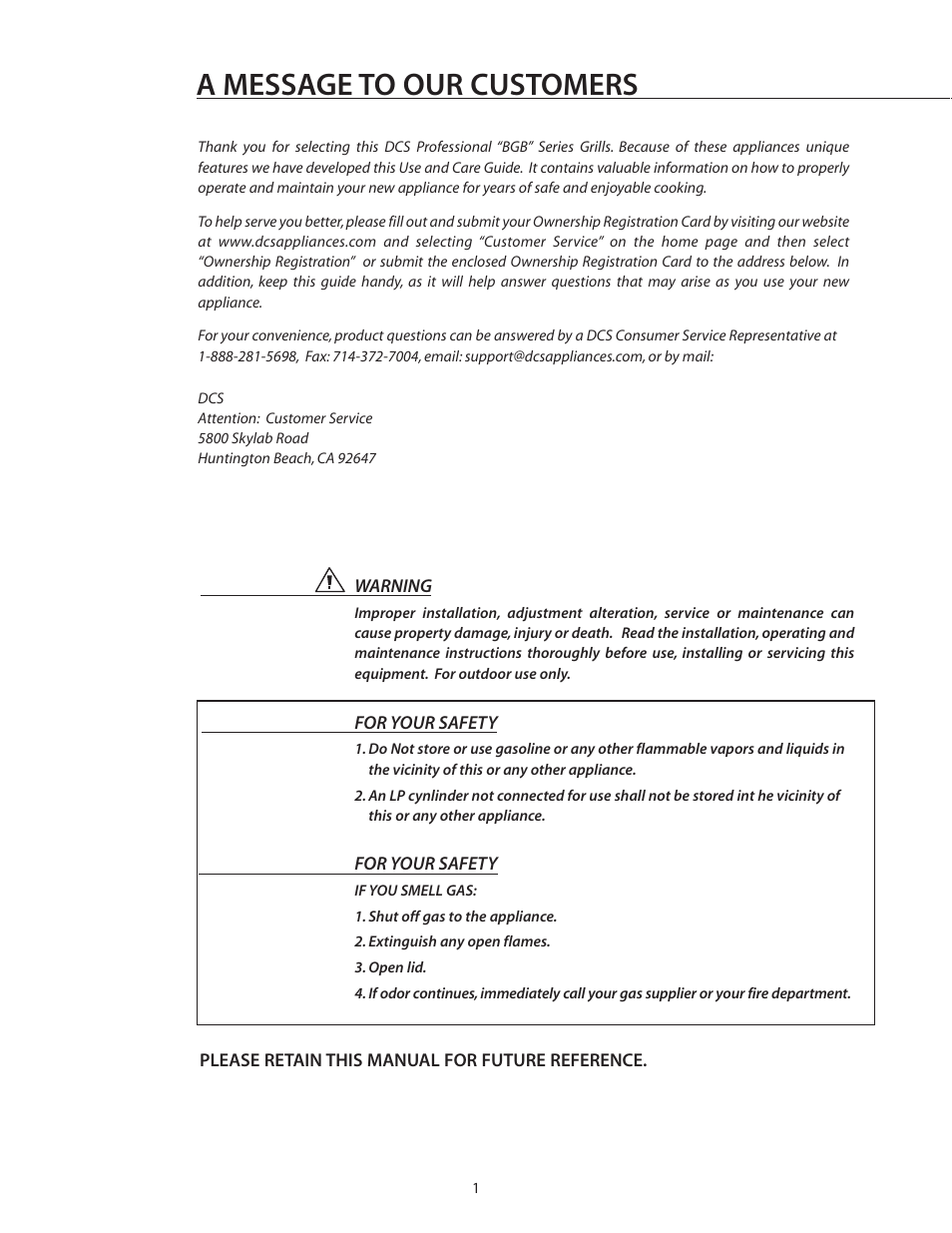 A message to our customers | DCS BGB30-BQR User Manual | Page 2 / 38