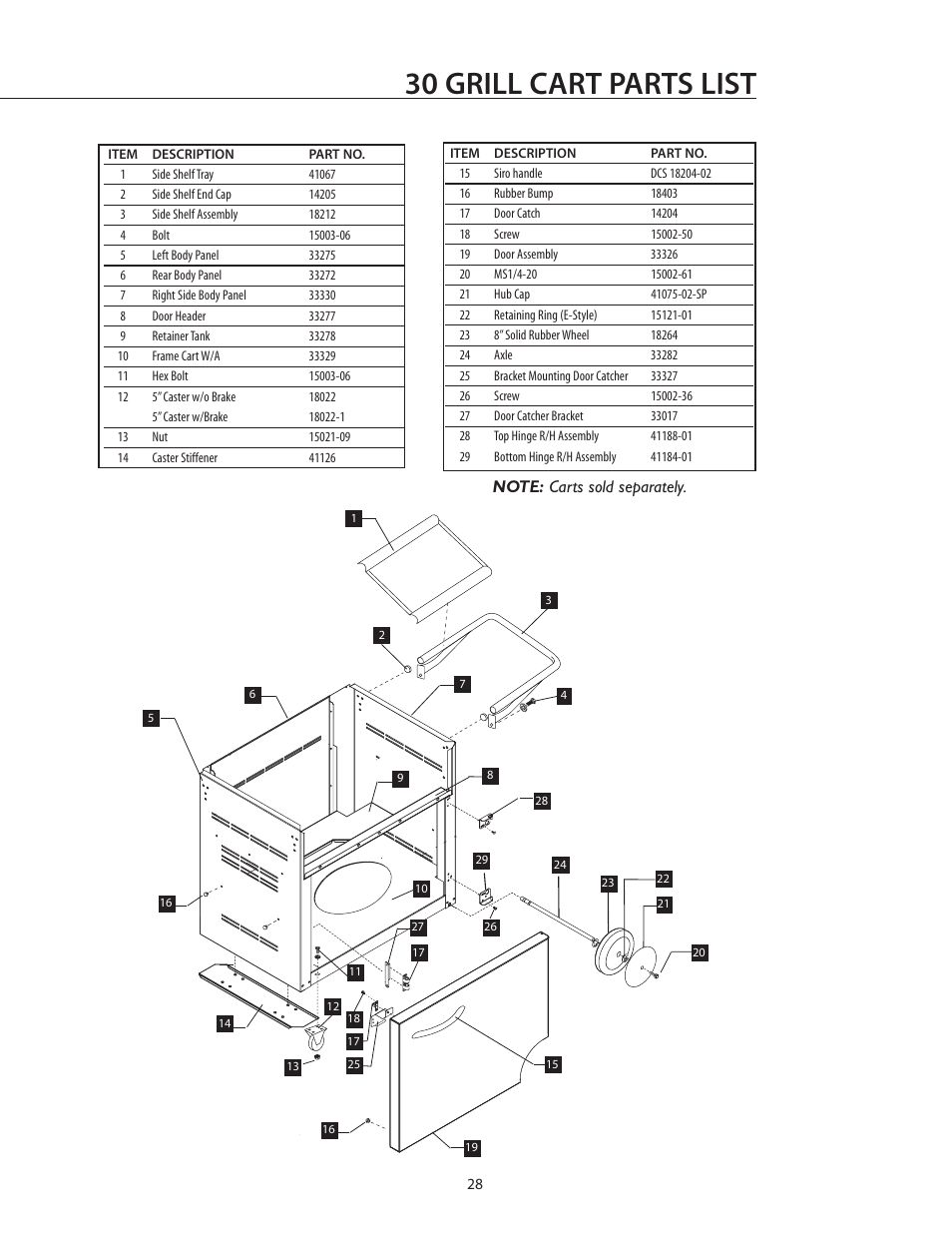 30 grill cart parts list | DCS BGB30-BQR User Manual | Page 29 / 38