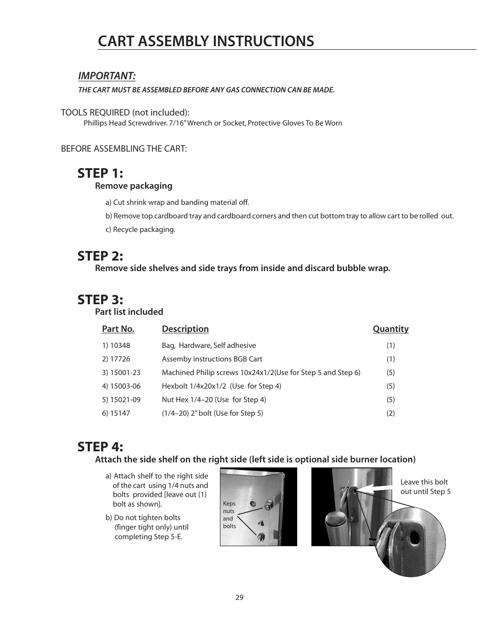 Cart assembly instructions, Step 1, Step 2 | Step 4, Step 3, Important | DCS BGB30-BQR User Manual | Page 30 / 38