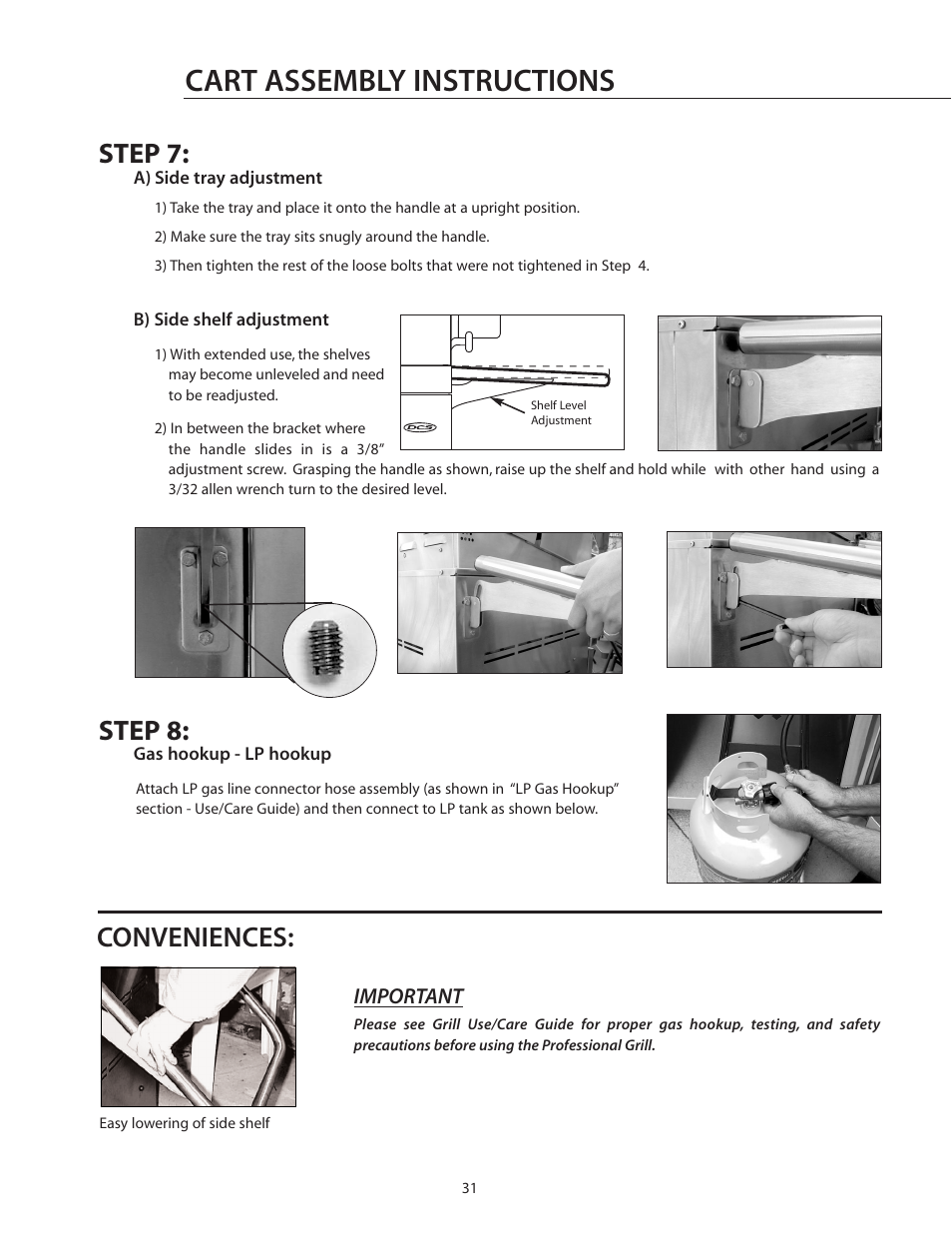 Cart assembly instructions, Conveniences, Step 8 | Step 7 | DCS BGB30-BQR User Manual | Page 32 / 38