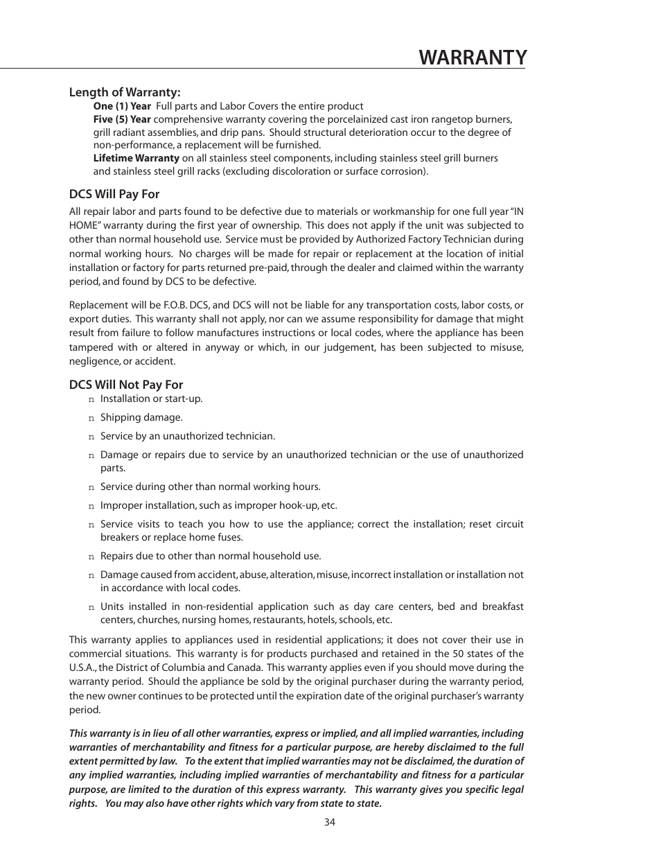 Warranty | DCS BGB30-BQR User Manual | Page 35 / 38