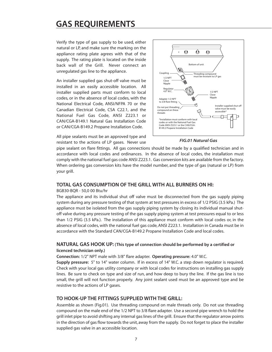 Gas requirements, Natural gas hook up | DCS BGB30-BQR User Manual | Page 8 / 38