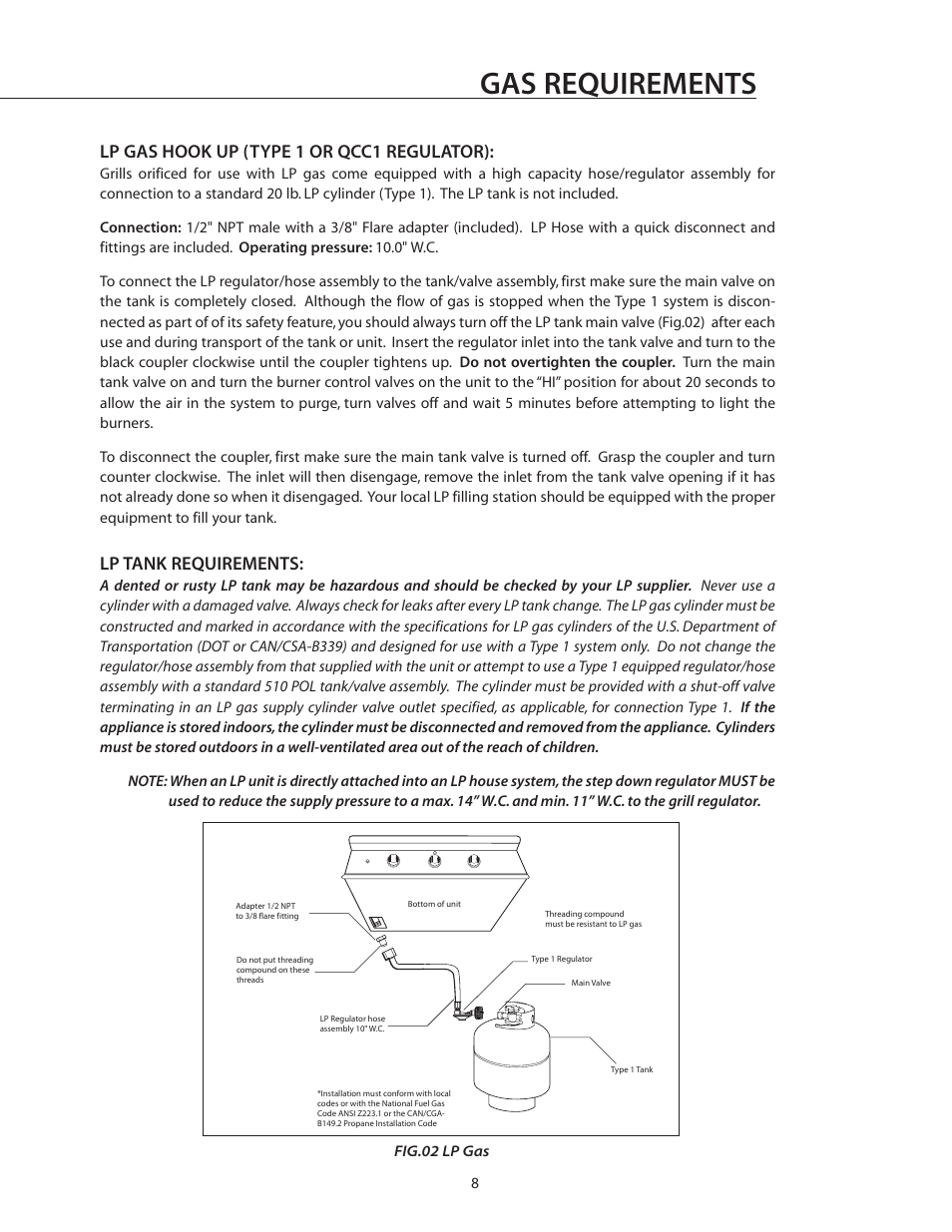 Gas requirements, Lp gas hook up (type 1 or qcc1 regulator), Lp tank requirements | DCS BGB30-BQR User Manual | Page 9 / 38