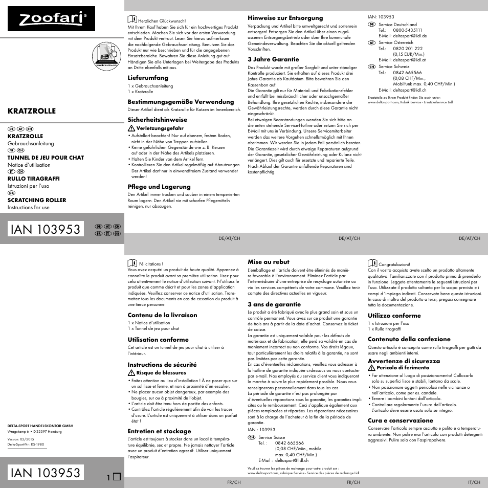 Zoofari Scratching Roller User Manual | 2 pages