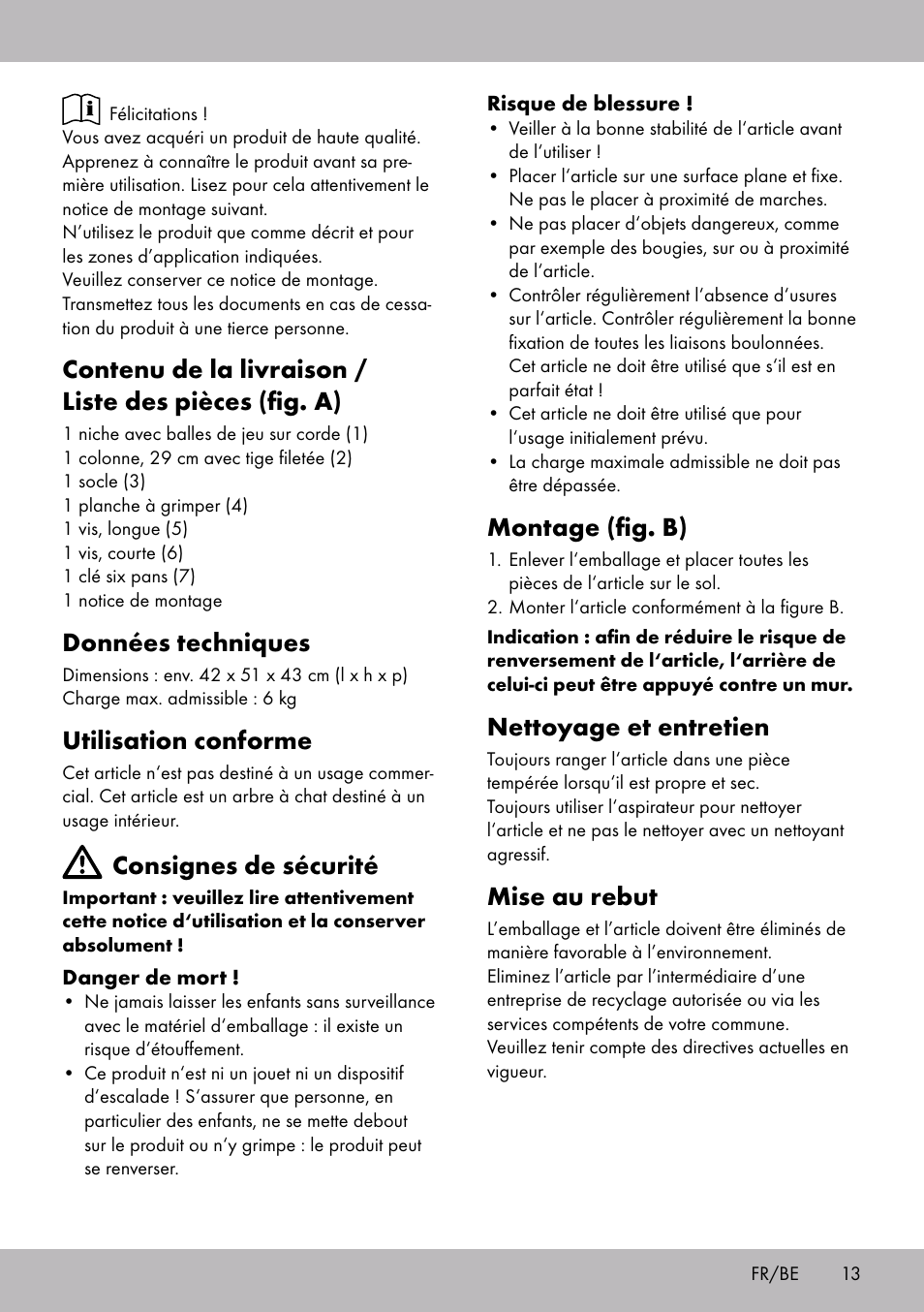 Données techniques, Utilisation conforme, Consignes de sécurité | Montage (fig. b), Nettoyage et entretien, Mise au rebut | Zoofari Scratching Post A User Manual | Page 11 / 18