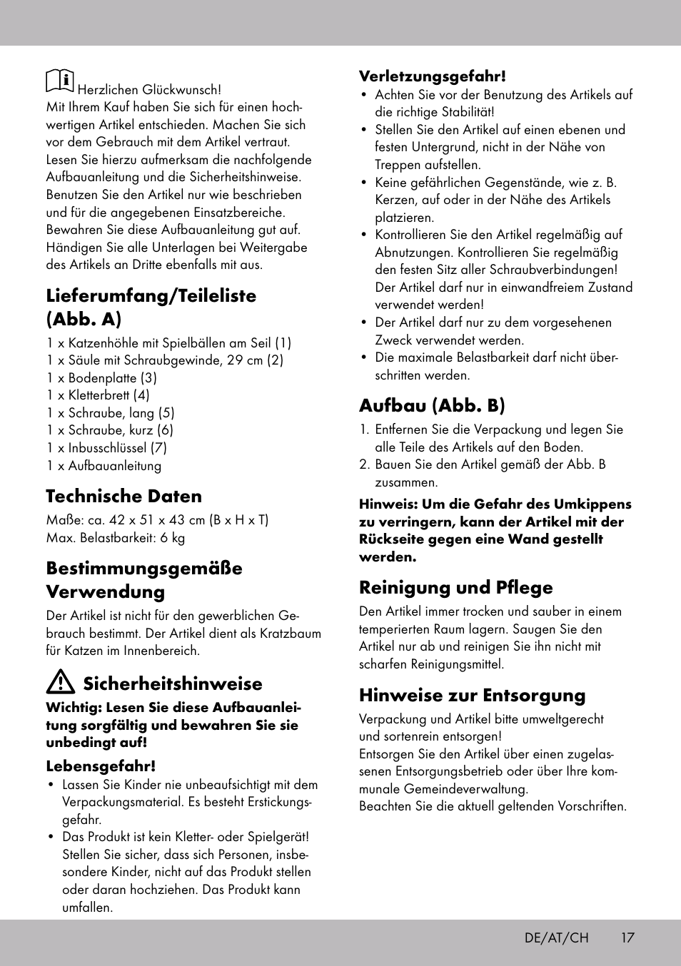 Aufbau (abb. b), Reinigung und pflege, Hinweise zur entsorgung | Lieferumfang/teileliste (abb. a), Technische daten, Bestimmungsgemäße verwendung, Sicherheitshinweise | Zoofari Scratching Post A User Manual | Page 15 / 18