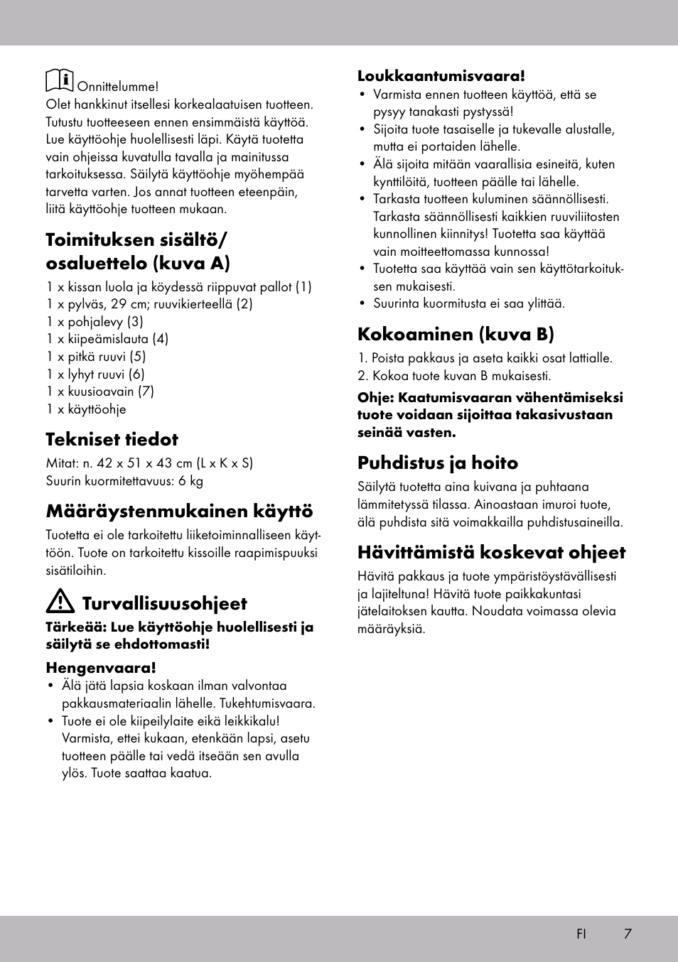 Toimituksen sisältö/ osaluettelo (kuva a), Tekniset tiedot, Määräystenmukainen käyttö | Turvallisuusohjeet, Kokoaminen (kuva b), Puhdistus ja hoito, Hävittämistä koskevat ohjeet | Zoofari Scratching Post A User Manual | Page 5 / 18