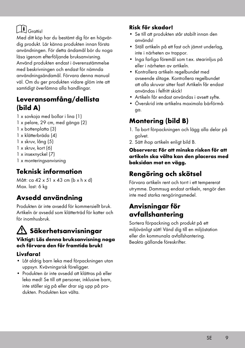 Leveransomfång/dellista (bild a), Teknisk information, Avsedd användning | Säkerhetsanvisningar, Montering (bild b), Rengöring och skötsel, Anvisningar för avfallshantering | Zoofari Scratching Post A User Manual | Page 7 / 18