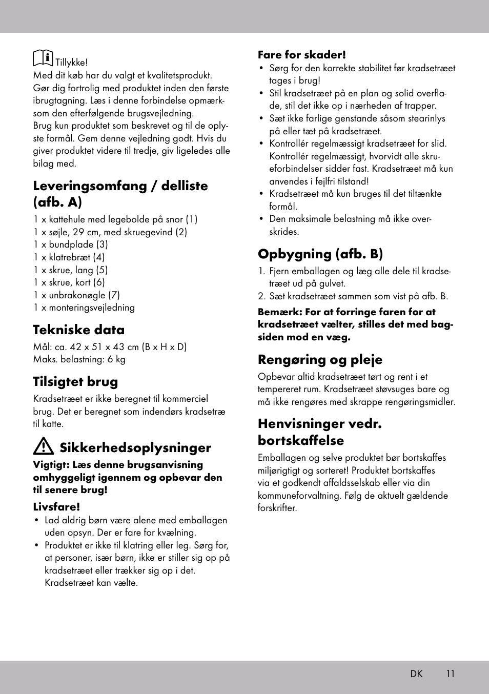 Leveringsomfang / delliste (afb. a), Tekniske data, Tilsigtet brug | Sikkerhedsoplysninger, Opbygning (afb. b), Rengøring og pleje, Henvisninger vedr. bortskaffelse | Zoofari Scratching Post A User Manual | Page 9 / 18