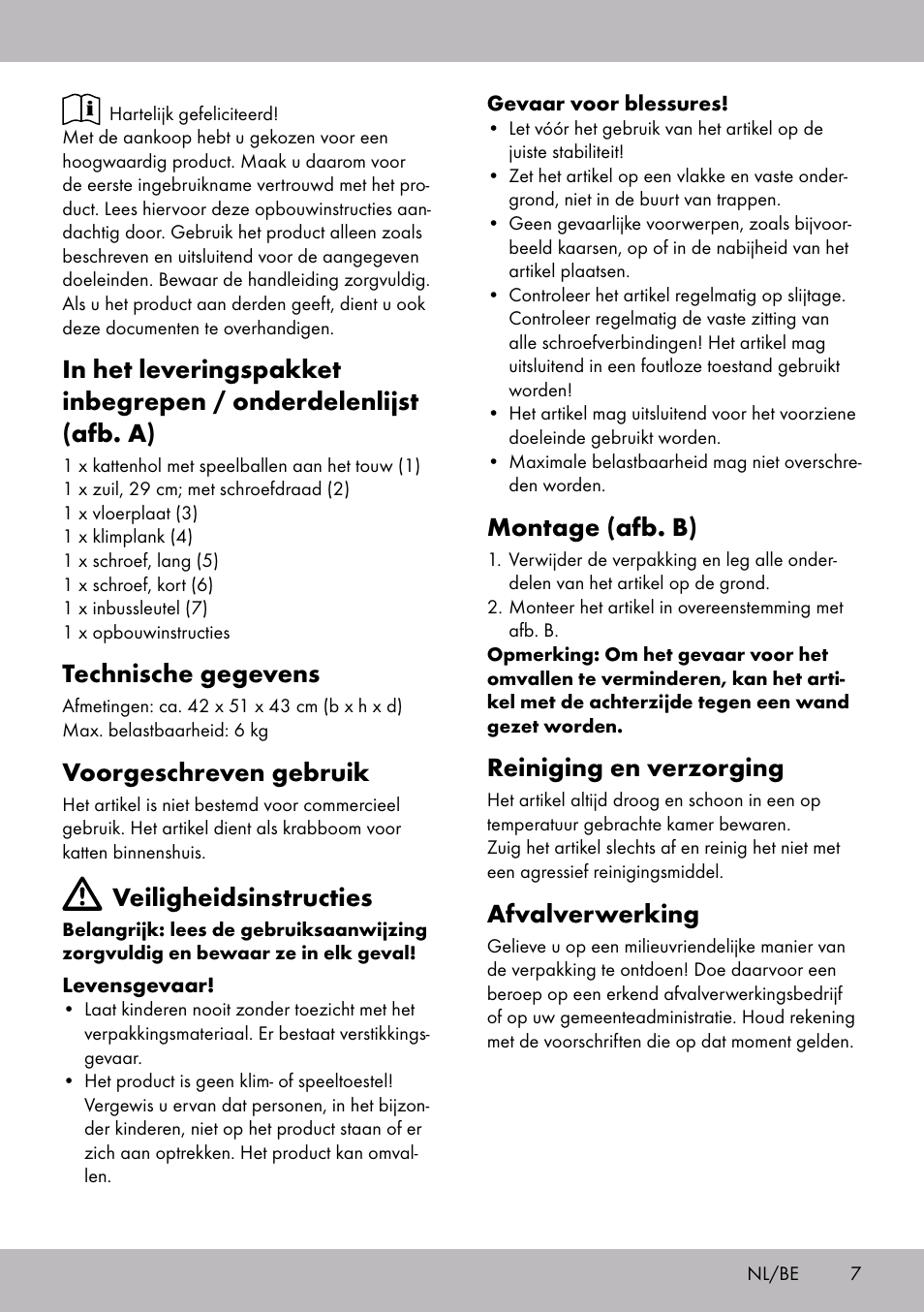 Technische gegevens, Voorgeschreven gebruik, Veiligheidsinstructies | Montage (afb. b), Reiniging en verzorging, Afvalverwerking | Zoofari Scratching Post A User Manual | Page 5 / 10