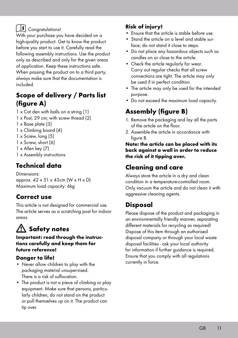 Scope of delivery / parts list (figure a), Technical data, Correct use | Assembly (figure b), Cleaning and care, Disposal | Zoofari Scratching Post A User Manual | Page 9 / 10