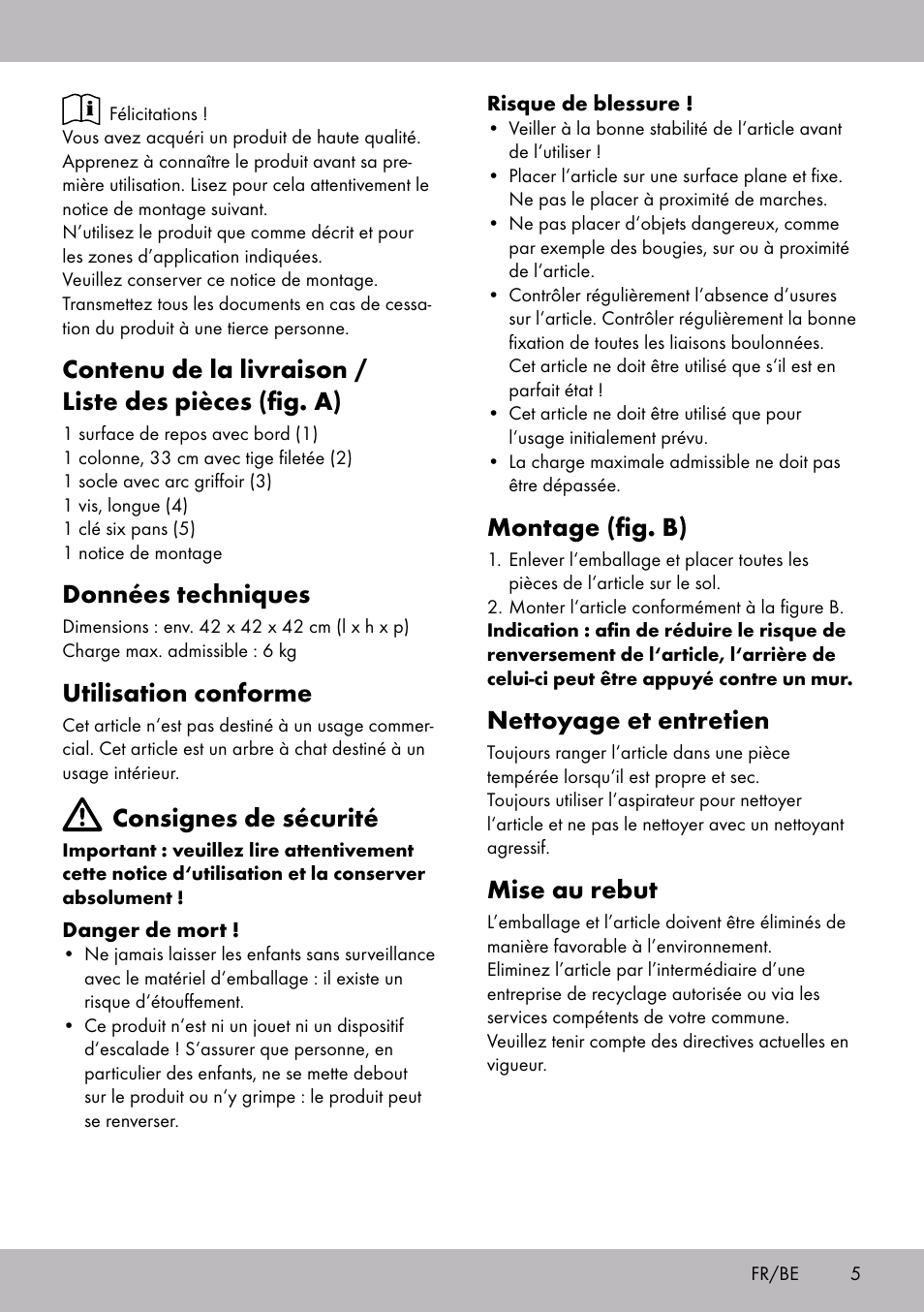 Données techniques, Utilisation conforme, Consignes de sécurité | Montage (fig. b), Nettoyage et entretien, Mise au rebut | Zoofari Scratching Post B User Manual | Page 3 / 10