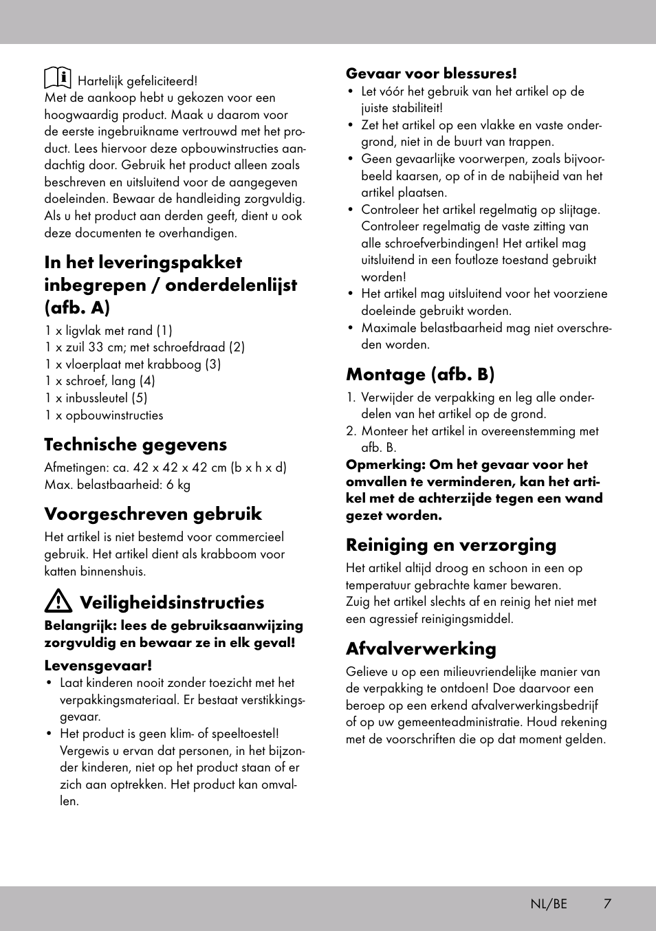 Technische gegevens, Voorgeschreven gebruik, Veiligheidsinstructies | Montage (afb. b), Reiniging en verzorging, Afvalverwerking | Zoofari Scratching Post B User Manual | Page 5 / 10